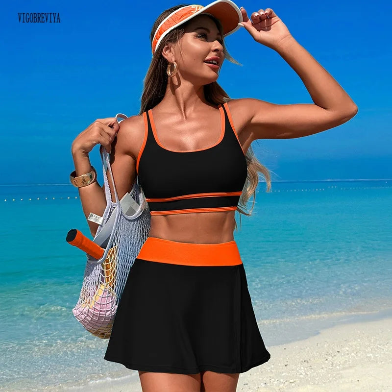 Black Patchwork Sport Tankini Set