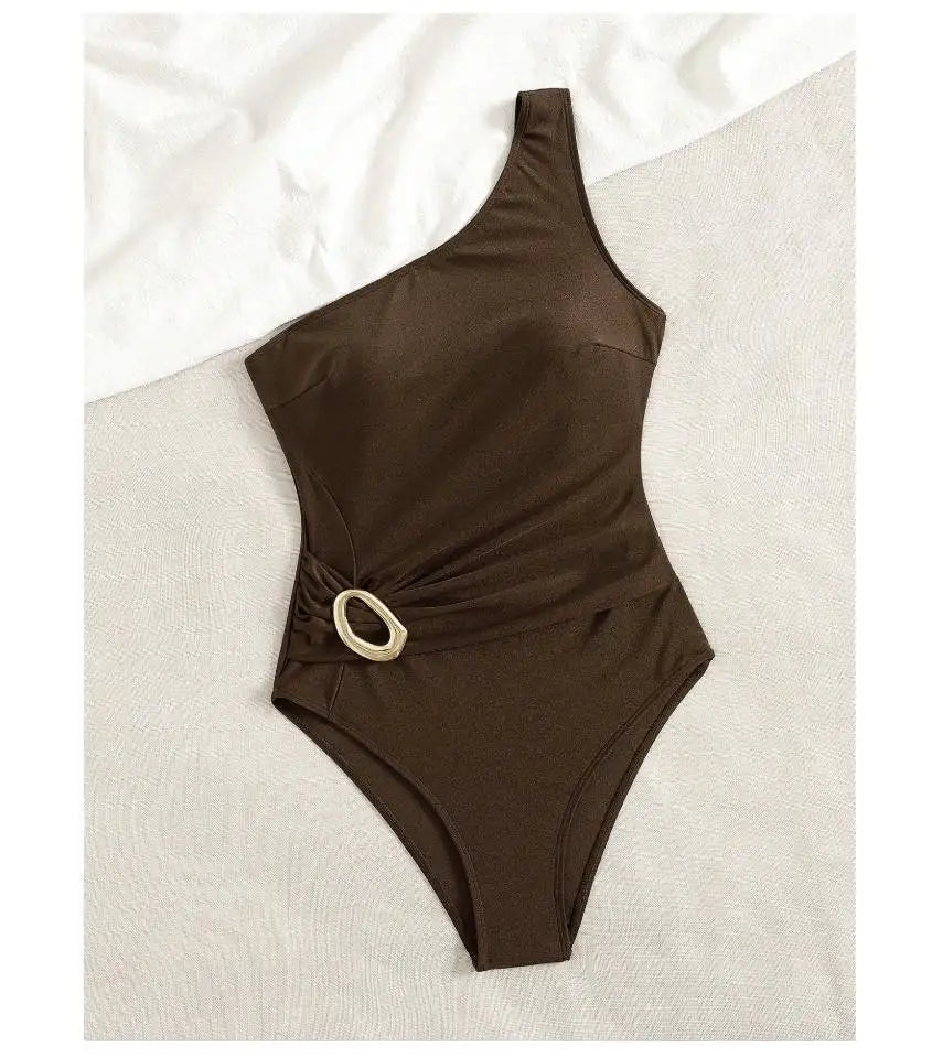 Brown Jewelry One-Shoulder Swimsuit