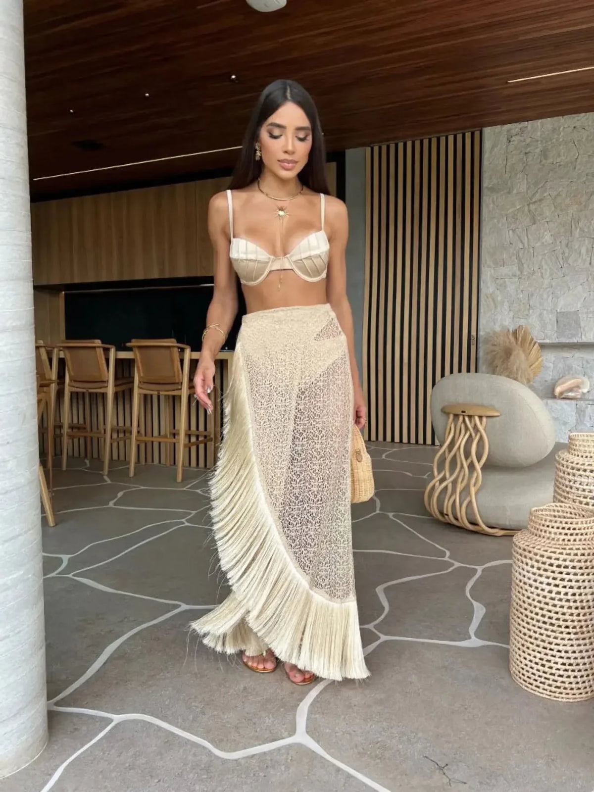 Padded Tassel Bikini Skirt Set