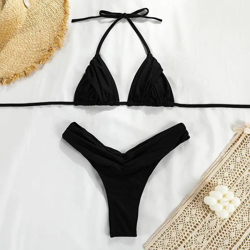 Pleated Solid Bikini Set