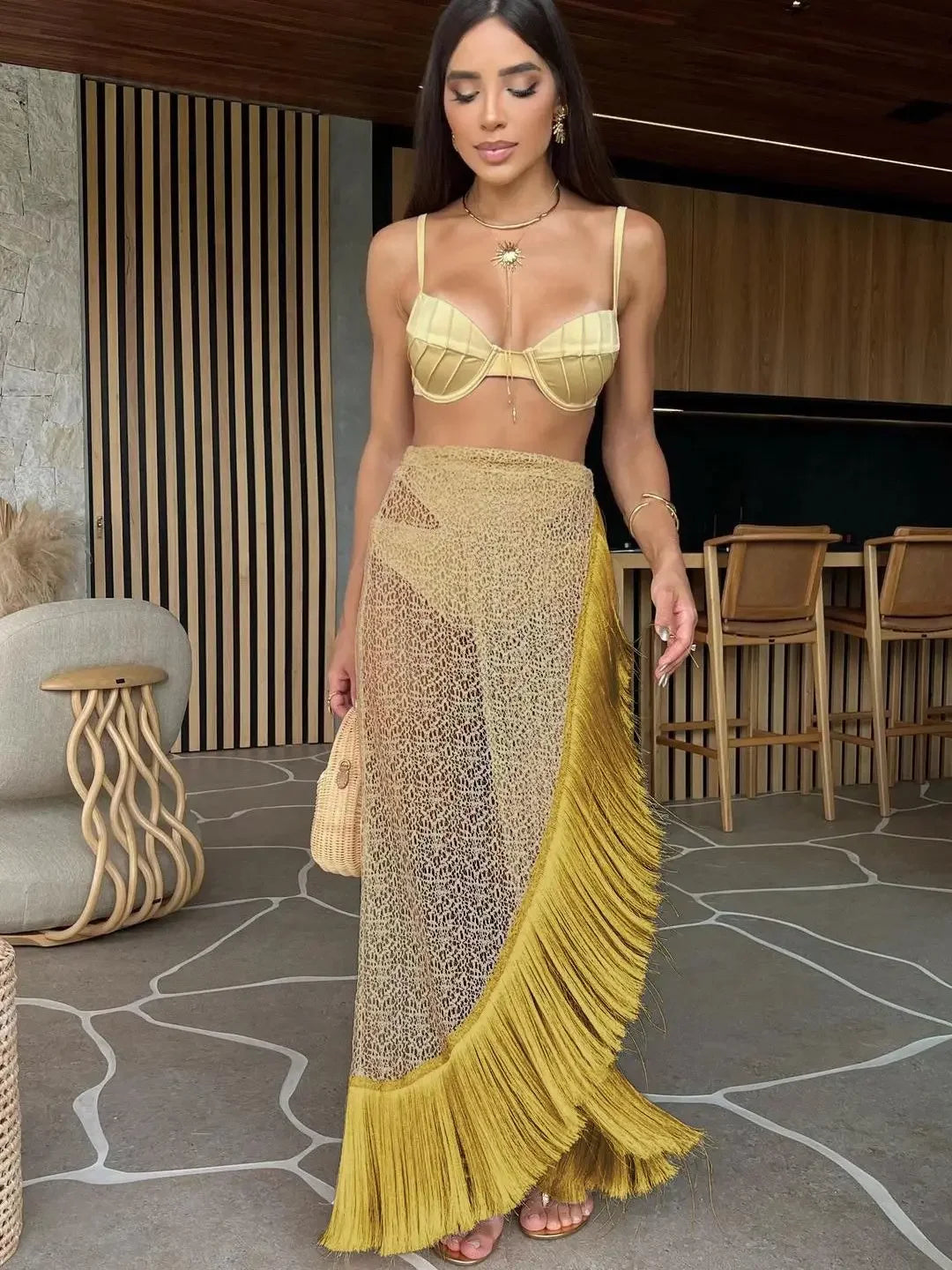 Padded Tassel Bikini Skirt Set