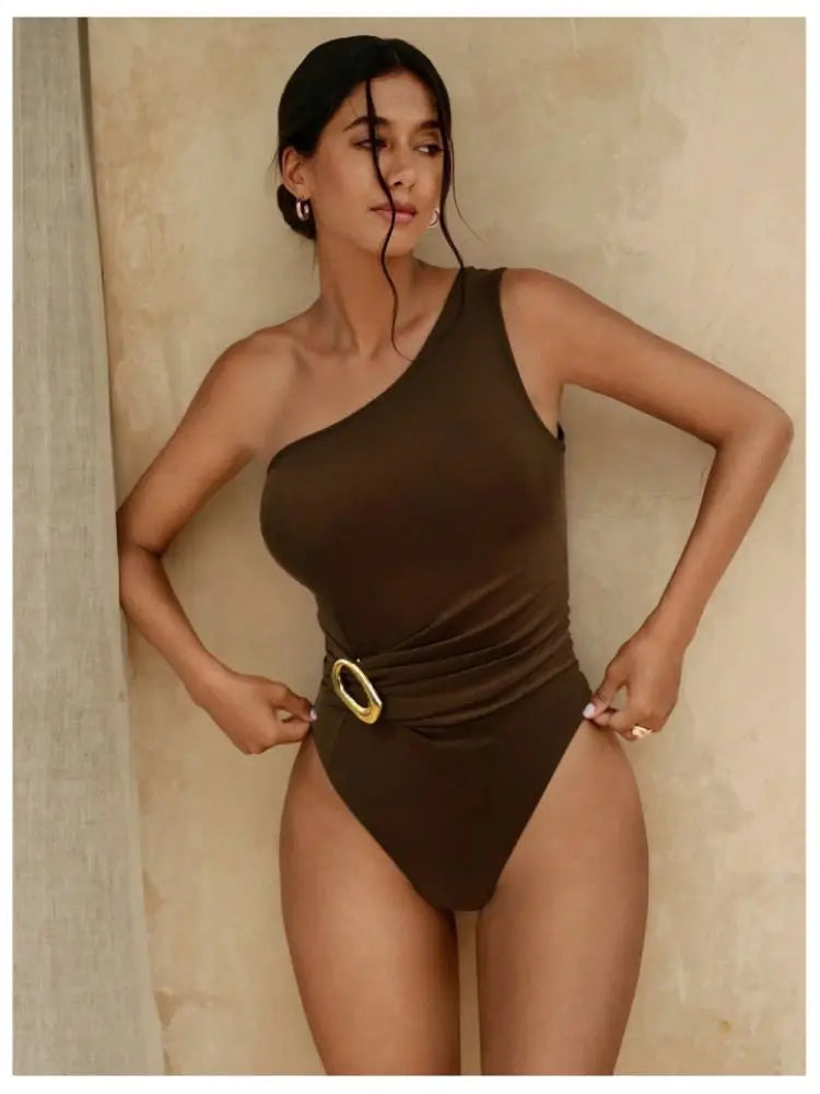 Brown Jewelry One-Shoulder Swimsuit