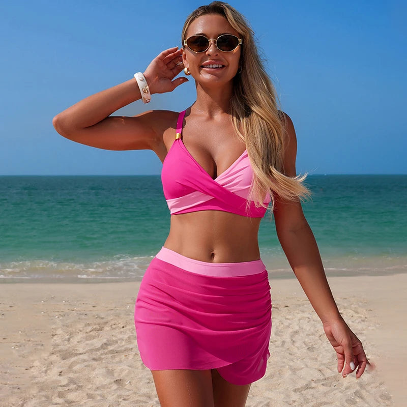 Patchwork Bikini Shorts Skirt Set