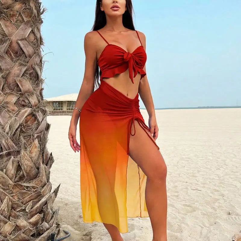 Gradient Mesh Three-Piece Bikini Set