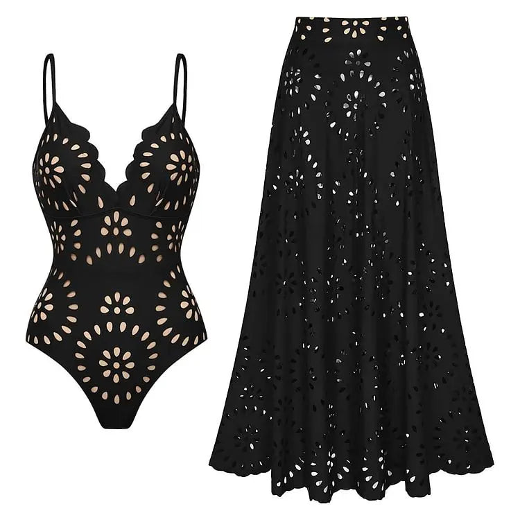 Black Floral Skirt Swimsuit