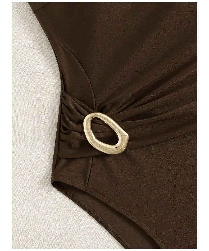 Brown Jewelry One-Shoulder Swimsuit