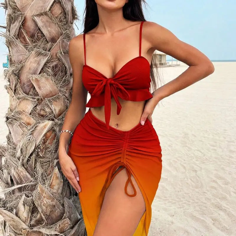 Gradient Mesh Three-Piece Bikini Set