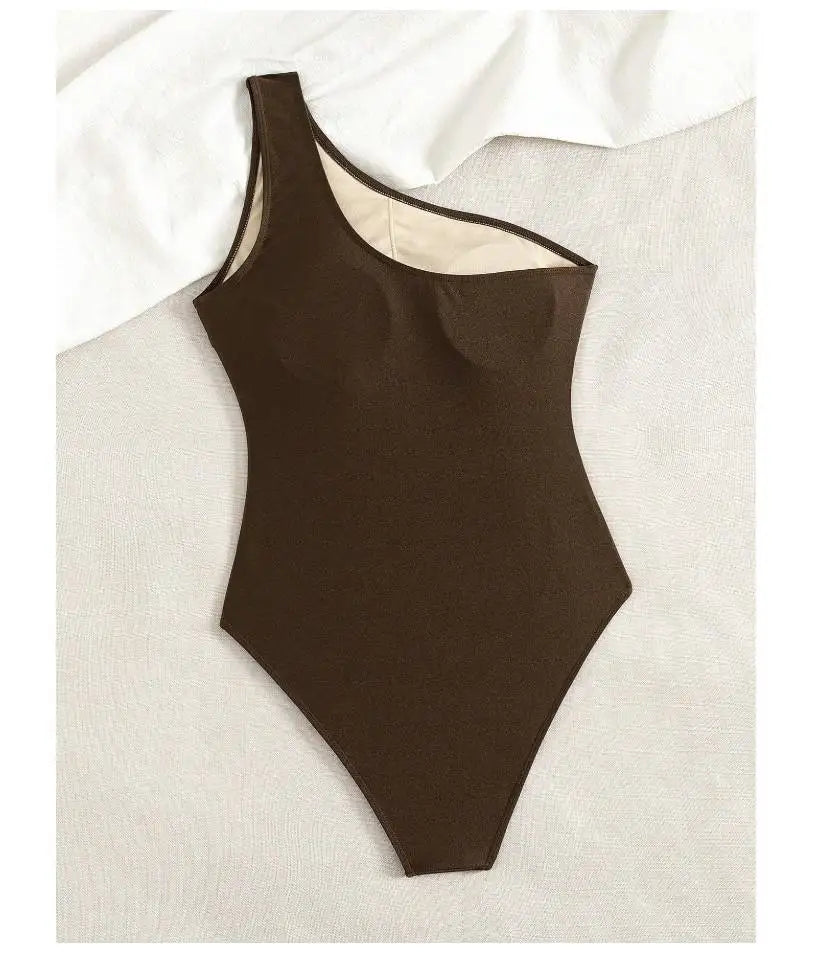 Brown Jewelry One-Shoulder Swimsuit
