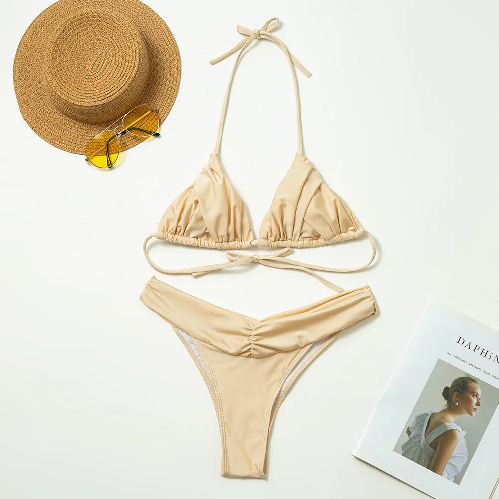 Pleated Solid Bikini Set