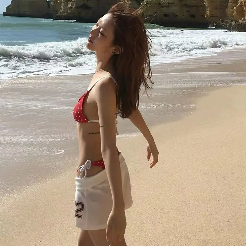 Red Heart Print Triangle Bikini Set